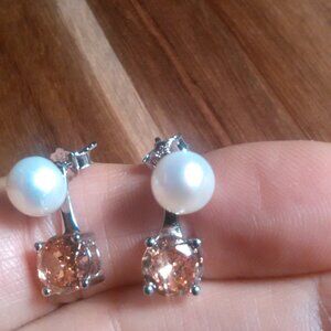 Simulated Champagne Diamond and Freshwater Pearl Sterling Silver Earrings